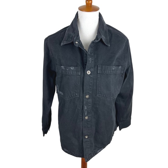 AG Adriano Goldschmied Sulfur Black Destructed Denim Shirt Jacket Size S